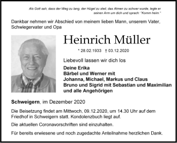 Traueranzeige von Heinrich Müller von Fränkische Nachrichten