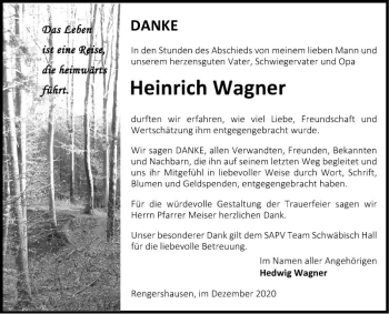 Traueranzeige von Heinrich Wagner von Fränkische Nachrichten