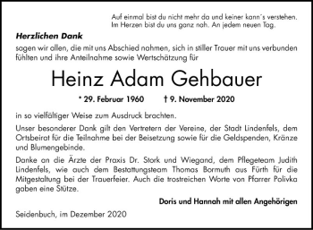 Traueranzeige von Heinz Adam Gehbauer von Bergsträßer Anzeiger