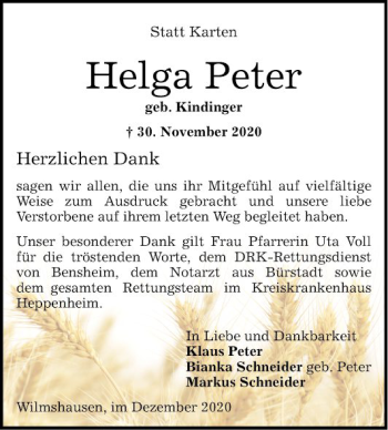 Traueranzeige von Helga Peter von Bergsträßer Anzeiger