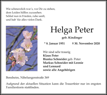 Traueranzeige von Helga Peter von Bergsträßer Anzeiger