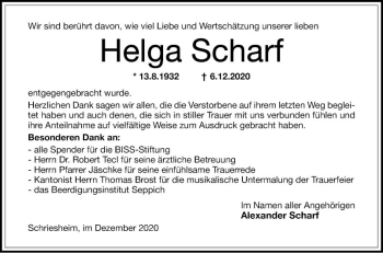 Traueranzeige von Helga Scharf von Mannheimer Morgen