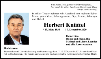 Traueranzeige von Herbert Knüttel von Fränkische Nachrichten