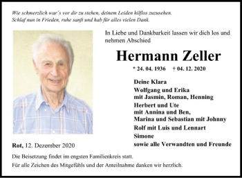 Traueranzeige von Hermann Zeller von Fränkische Nachrichten