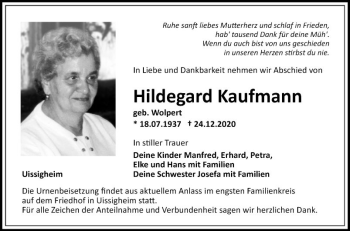 Traueranzeige von Hildegard Kaufmann von Fränkische Nachrichten