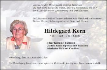 Traueranzeige von Hildegard Kern von Fränkische Nachrichten