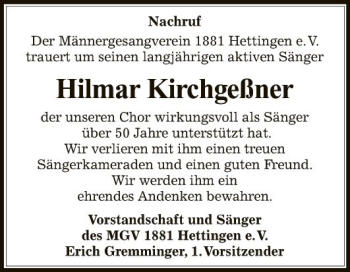 Traueranzeige von Hilmar Kirchgeßner von Fränkische Nachrichten