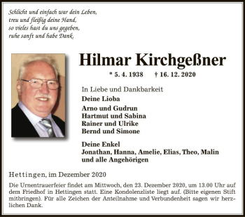 Traueranzeige von Hilmar Kirchgeßner von Fränkische Nachrichten