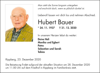 Traueranzeige von Hubert Bauer von Fränkische Nachrichten