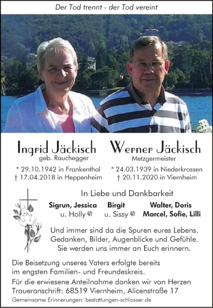  Traueranzeige für Ingrid und Werner Jäckisch vom 05.12.2020 aus Südhessen Morgen