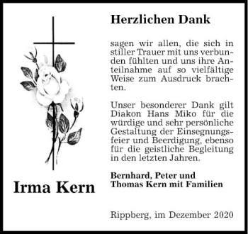 Traueranzeige von Irma Kern von Fränkische Nachrichten