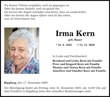 Traueranzeige von Irma Kern von Fränkische Nachrichten