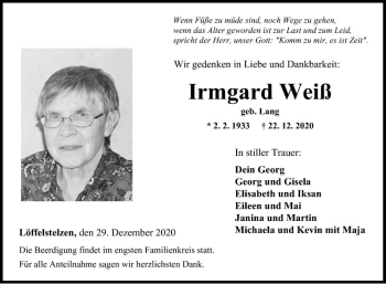 Traueranzeige von Irmgard Weiß von Fränkische Nachrichten