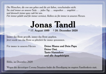 Traueranzeige von Jonas Tandl von Südhessen Morgen