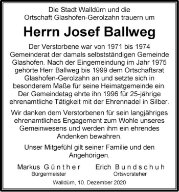 Traueranzeige von Josef Baliweg von Fränkische Nachrichten