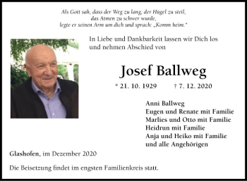 Traueranzeige von Josef Baliweg von Fränkische Nachrichten