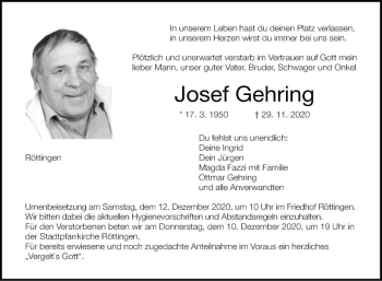 Traueranzeige von Josef Gehring von Fränkische Nachrichten