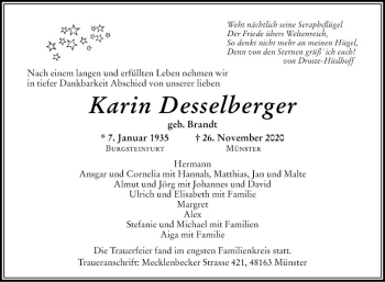 Traueranzeige von Karin Desselberger von Mannheimer Morgen