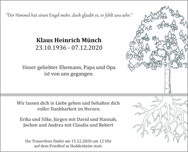  Traueranzeige für Klaus Heinrich Münch vom 12.12.2020 aus Mannheimer Morgen
