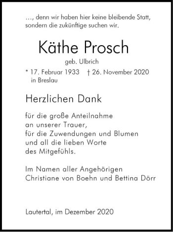 Traueranzeige von Käthe Prosch von Bergsträßer Anzeiger