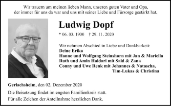 Traueranzeige von Ludwig Dopf von Fränkische Nachrichten