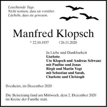 Traueranzeige von Manfred Klopsch von Mannheimer Morgen