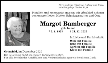 Traueranzeige von Margot Bamberger von Fränkische Nachrichten