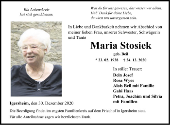 Traueranzeige von Maria Stosiek von Fränkische Nachrichten