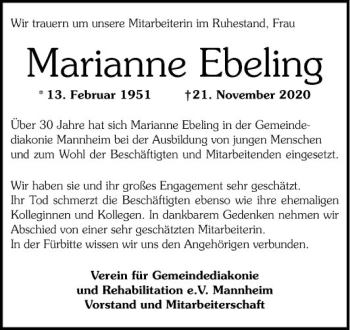 Traueranzeige von Marianne Ebeling von Mannheimer Morgen