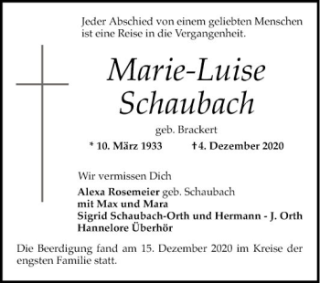 Traueranzeige von Marie-Luise Schaubach von Mannheimer Morgen