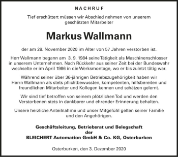 Traueranzeige von Markus Wallmann von Fränkische Nachrichten