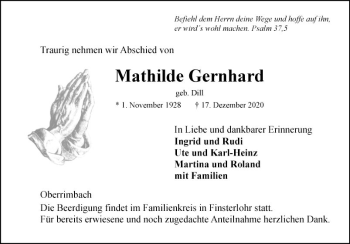 Traueranzeige von Mathilde Gernhard von Fränkische Nachrichten