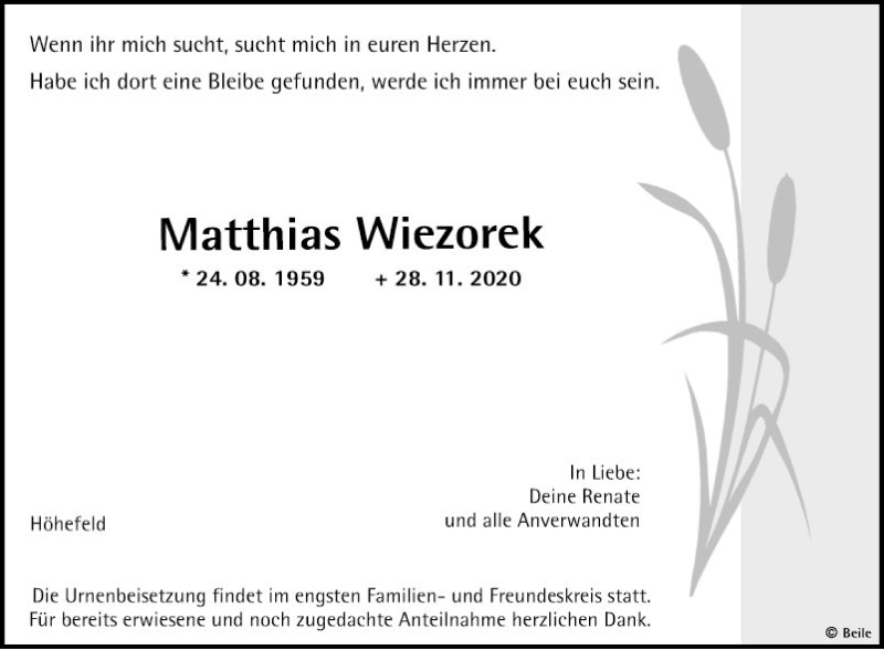  Traueranzeige für Matthias Wiezorek vom 02.12.2020 aus Fränkische Nachrichten