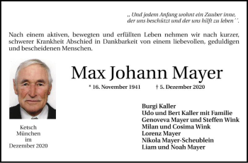 Traueranzeige von Max Johann Mayer von Schwetzinger Zeitung