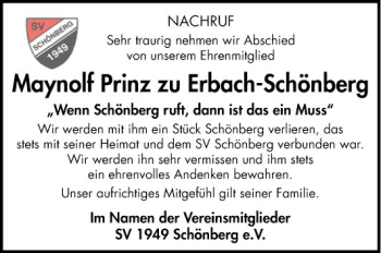 Traueranzeige von Maynolf Prinz zu Erbach-Schönberg von Bergsträßer Anzeiger