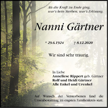 Traueranzeige von Nanni Gärtner von Mannheimer Morgen