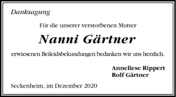 Traueranzeige von Nanni Gärtner von Mannheimer Morgen