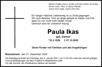 Traueranzeige von Paula Ikas von Fränkische Nachrichten