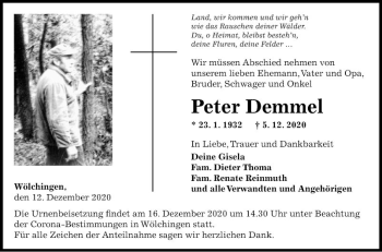 Traueranzeige von Peter Demmel von Fränkische Nachrichten