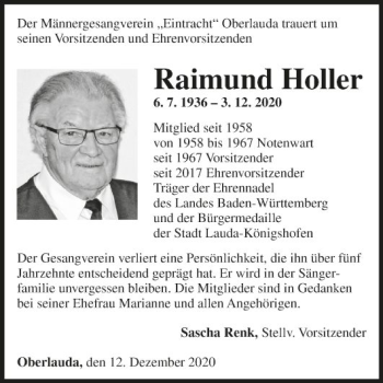 Traueranzeige von Raimund Holler von Fränkische Nachrichten