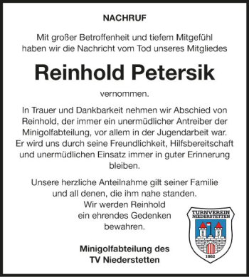 Traueranzeige von Reinhold Petersik von Fränkische Nachrichten