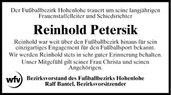 Traueranzeige von Reinhold Petersik von Fränkische Nachrichten