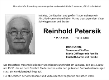 Traueranzeige von Reinhold Petersik von Fränkische Nachrichten