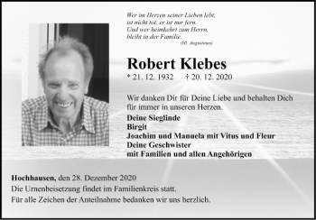 Traueranzeige von Robert Klebes von Fränkische Nachrichten