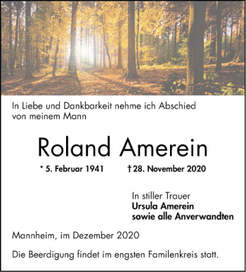 Traueranzeige von Roland Amerein von Mannheimer Morgen