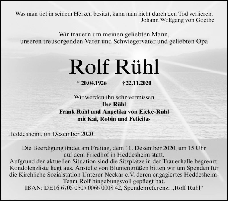 Traueranzeige für Rolf Rühl vom 05.12.2020 aus Mannheimer Morgen
