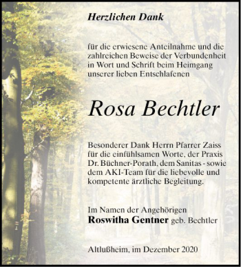 Traueranzeige von Rosa Bechtler von Schwetzinger Zeitung