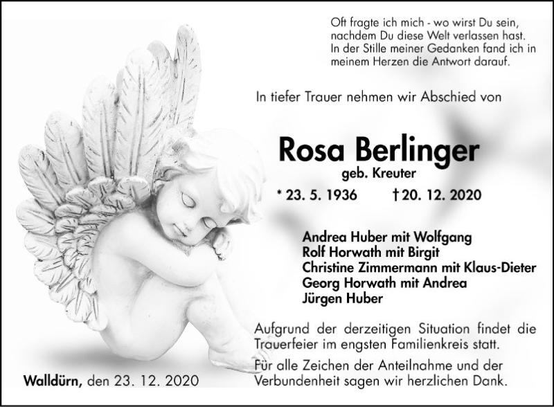  Traueranzeige für Rosa Berlinger vom 23.12.2020 aus Fränkische Nachrichten