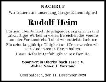 Traueranzeige von Rudolf Heim von Fränkische Nachrichten