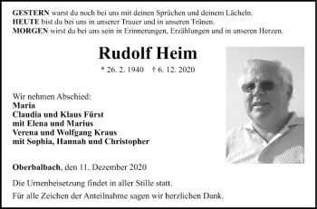 Traueranzeige von Rudolf Heim von Fränkische Nachrichten